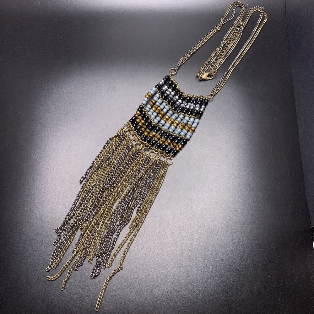 Boho Fringe Pendant Necklace Antiqued Brass Tone Gunmetal Glass Beaded Long
